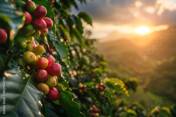 Obraz Coffee beans on tree with sunrise background.