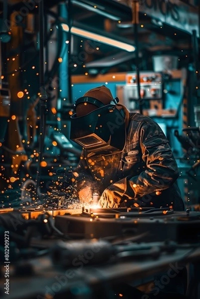 Fototapeta A worker is welding metal pieces in the factory, sparks flying around him