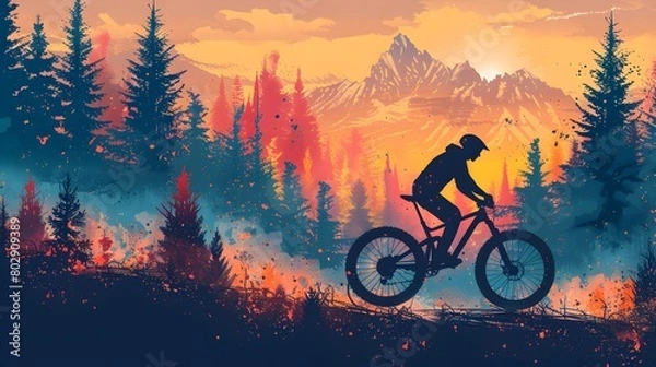 Fototapeta Artistic depiction of a mountain biker riding through a forest at sunset, silhouetted against a vivid, color-rich backdrop with mountain peaks.