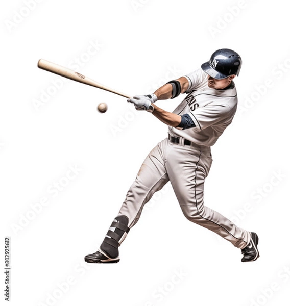 Fototapeta Baseball player in mid-swing with focus and force, sporting a team uniform, helmet, and gloves, isolated on transparent background. Generative AI