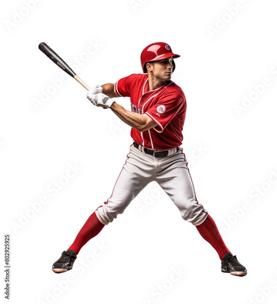 Obraz Baseball player in mid-swing with focus and force, sporting a team uniform, helmet, and gloves, isolated on transparent background. Generative AI