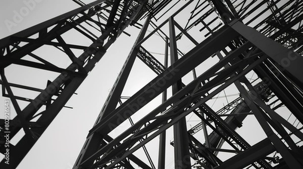 Obraz Steel framework of a building under construction, clear sky backdrop, close-up, worm's eye view