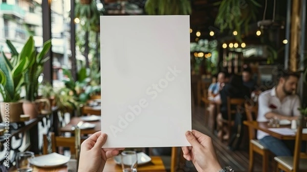 Obraz Hand holding a blank paper poster design for a restaurant menu, providing space for displaying menu items or designs.
