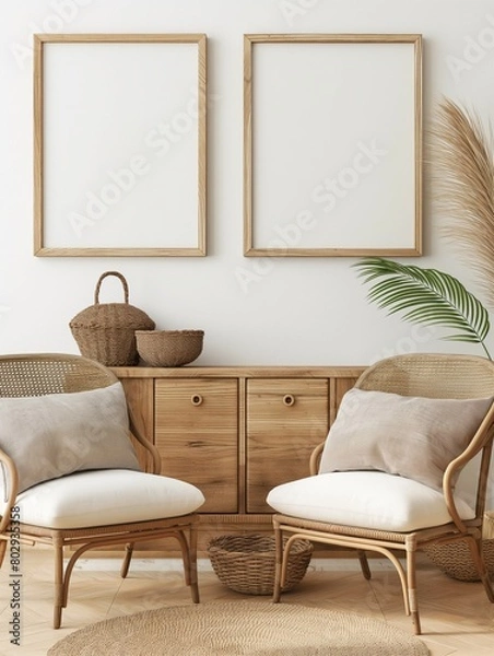 Fototapeta Frame mockup, wooden chest of drawers and comfortable chair, white wall home room interior, 3D render