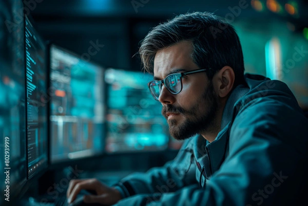 Fototapeta Cyber security concept. Young man hacker in glasses working on a computer.
