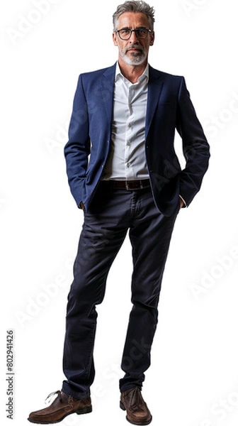 Obraz Sophisticated Middle-Aged Businessman in Blue Blazer, Full Body Isolated on Transparent Background