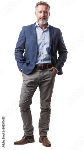 Obraz Full body portrait of a middle-aged businessman wearing a sharp blue blazer, white shirt, and glasses, isolated on a transparent background
