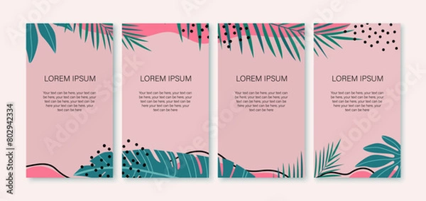 Fototapeta Social media template stories in flat design. Summer mood illustrations with tropical leaves for publications. Vector illustration.
