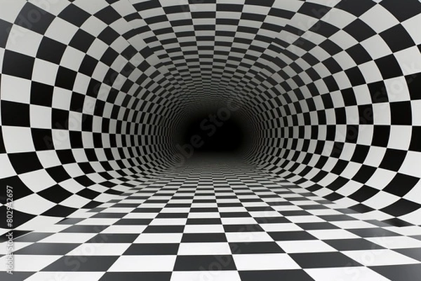 Obraz Abstract black and white checkered tunnel background, 3d render, Ai Generated