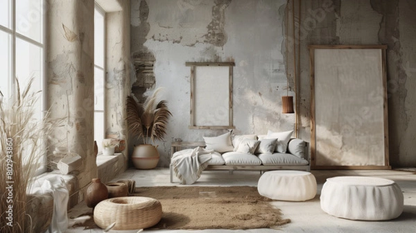 Fototapeta Mockup minimall style with frame in nomadic boho interior background with rustic decor.