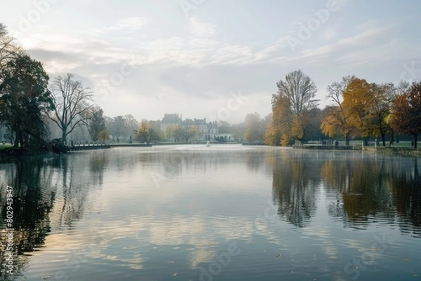 Fototapeta Serene lake with lush greenery, ideal for nature backgrounds