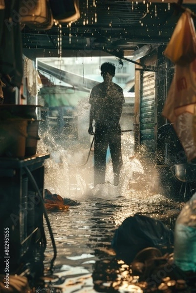 Fototapeta A man standing in a flooded area with a hose. Suitable for illustrating natural disasters