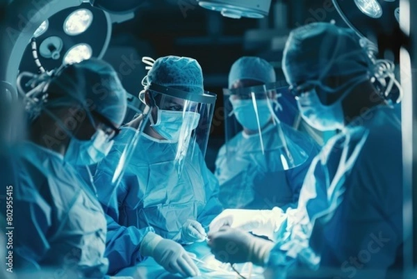 Fototapeta A group of surgeons performing surgery in an operating room. Suitable for medical and healthcare concepts