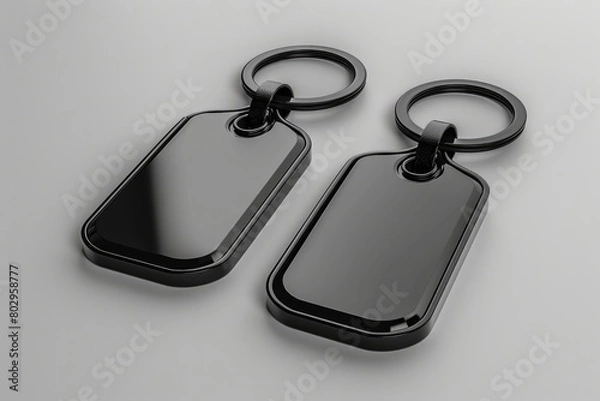 Fototapeta A pair of black dog tags stacked on top of each other. Suitable for military, identification, or remembrance themes