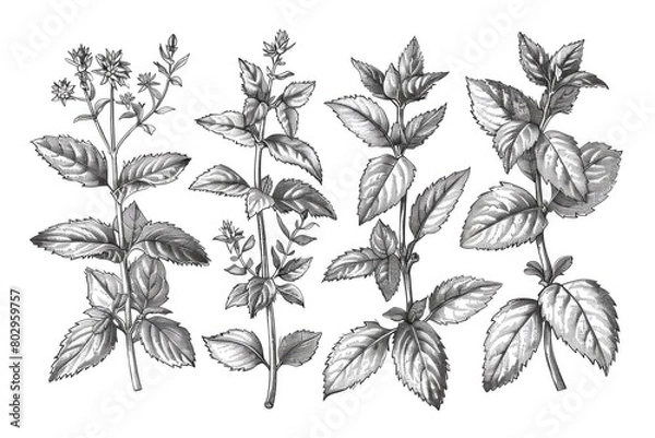 Fototapeta Detailed drawing of a plant with vibrant leaves and colorful flowers. Suitable for botanical illustrations or nature-themed designs