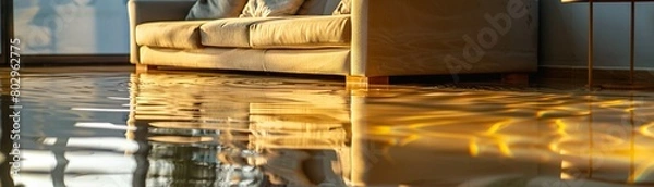 Fototapeta Serene yet somber reflection of home furniture in the flooded floor under the soft glow of evening light