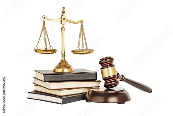 Fototapeta Scales of justice, hammers and books isolated on transparent background