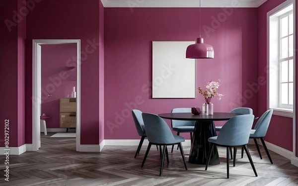 Fototapeta Empty-painted viva magenta wall.dark grey color chairs, furniture with black table and blank background. mockup Dinning room design. 3d render