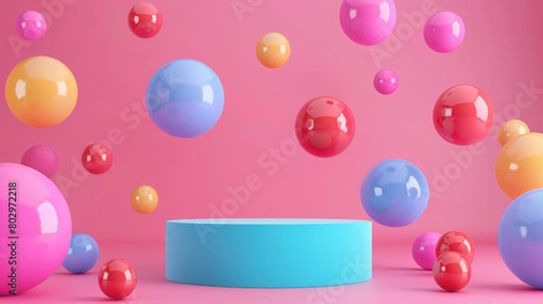 Fototapeta product podium with colorful bounce balls,copy space
