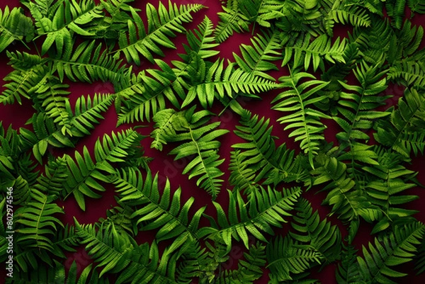 Fototapeta Vibrant 3D Red Background with Lush Green Ferns and Foliage, Natureinspired Design Concept