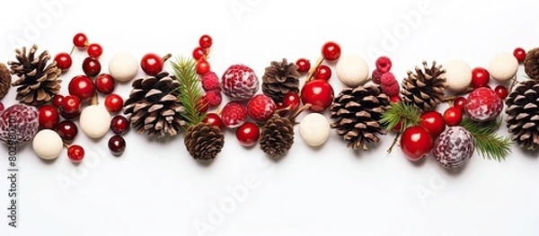 Fototapeta A Christmas banner featuring cones and red berries laid out on a white background ready for print postcard and design with copy space image