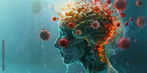 Fototapeta Neurological Sequelae of COVID-19: The Cognitive Impairment and Fatigue - Visualize a person with a highlighted brain affected by COVID-19, experiencing cognitive impairment and fatigue