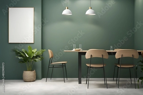 Fototapeta  Modern kitchen and dining room on empty green wall background- 3D rendering 