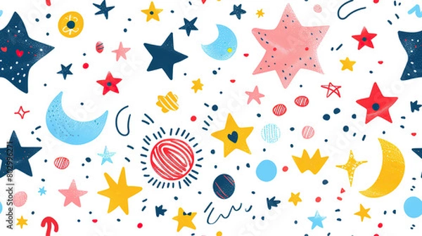 Fototapeta cute celestial sky elements seamless pattern nursery design cartoon style illustration with grungy texture, Generative Ai