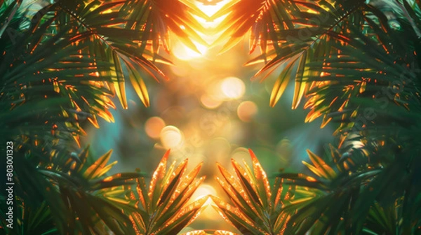 Fototapeta Abstract image of summer light filtering through thin palm leaves creating a kaleidoscope of light and shadow for dynamic backgrounds.