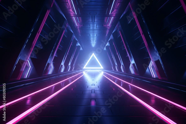 Fototapeta A brightly futuristic tunnel with colorful neon lights streaming out of the end
