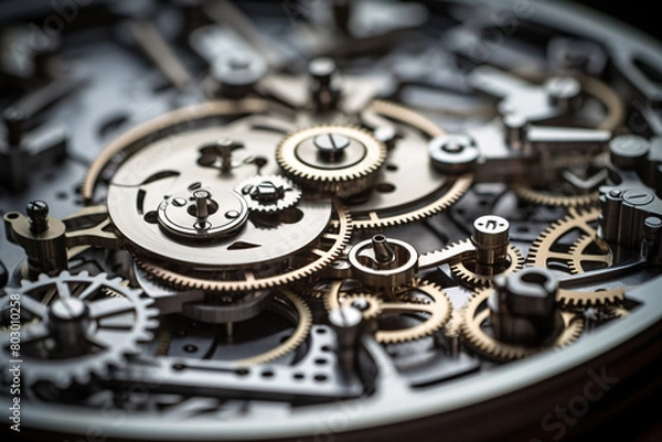 Fototapeta A close-up of a watch movement reveals intricate gears and tiny screws
