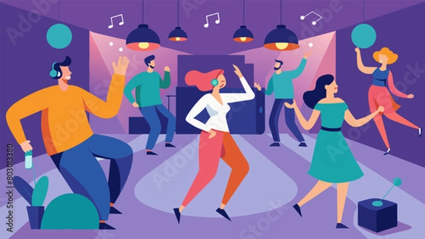 Fototapeta As the participants lose themselves in the music the only sounds in the room are the soft thuds of feet and occasional giggles. Vector illustration