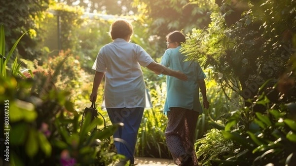 Fototapeta Elderly couple walking through a lush garden