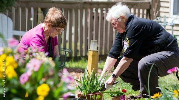 Fototapeta Two elderly person gardening together outdoors