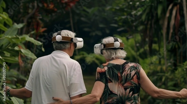 Fototapeta Senior couple with VR headsets in a jungle environment