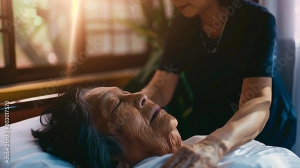 Fototapeta Caregiver Tending to Elderly Patient