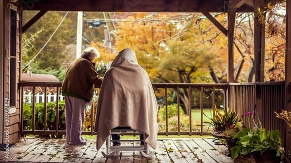 Fototapeta Elderly couple wrapped in blankets on the porch during autumn