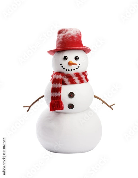 Obraz A charming snowman adorned with a knitted hat and scarf isolated on a transparent background, radiating winter joy. Generative AI