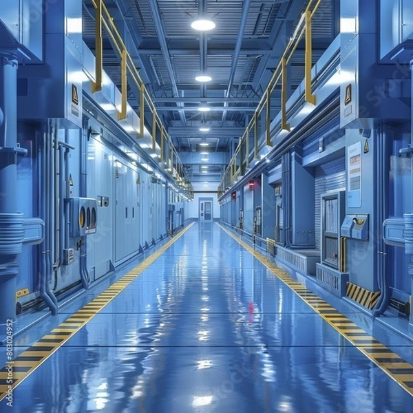 Fototapeta Cold, blue toned depiction of an ice cream factory with production lines and freezing tunnels, suitable for food processing industry insights.