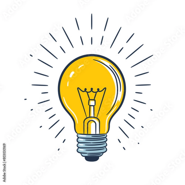 Fototapeta Hand drawn vector illustration in a playful doodle style featuring a light bulb, the universal symbol of a bright idea, creativity, and innovation. Yellow light bulb on white background.