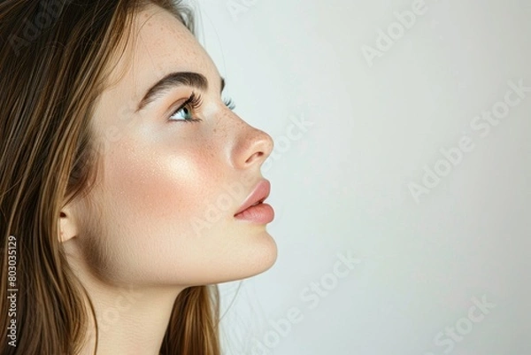 Fototapeta A portrait of an attractive woman with smooth, glowing skin and subtle makeup, captured in profile against a white background for contrast