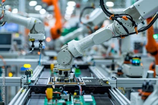 Obraz Automated Robotic Arm Assembling Electronics on Production Line in Smart Factory