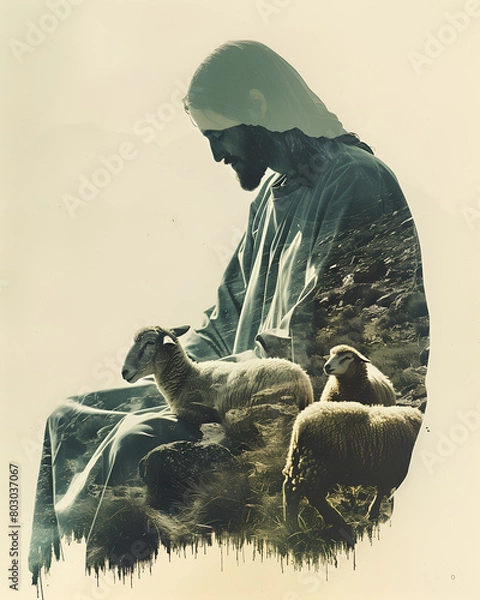 Fototapeta Double exposure image of Jesus Christ, the good shepherd and flock of sheep
