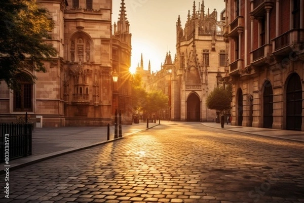 Obraz A Majestic View of a Historic European Cathedral Basking in the Warm Glow of a Setting Sun, Surrounded by Ancient Cobblestone Streets