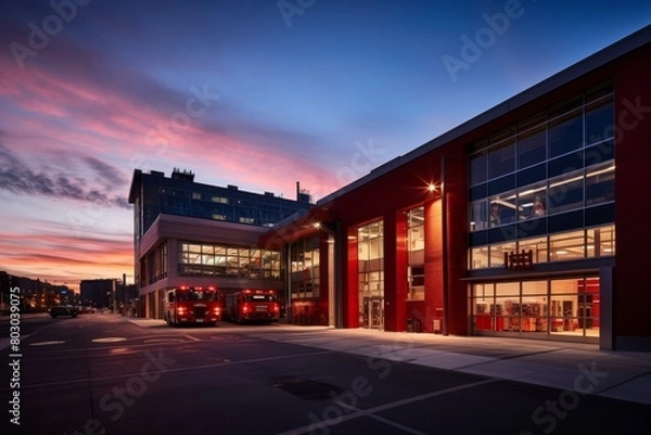 Fototapeta A Vibrant Red Fire Station Building at Dusk, Illuminated by Street Lights, with Fire Trucks Parked Ready for Duty
