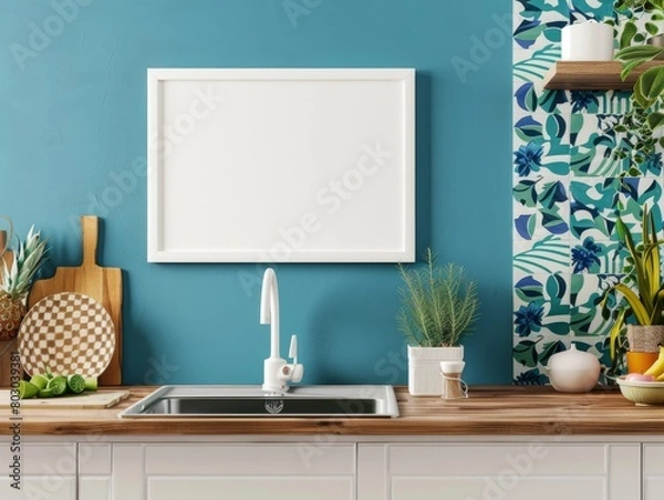 Fototapeta A vivid and charming mockup frame against a turquoise kitchen wall surrounded by wooden kitchenware