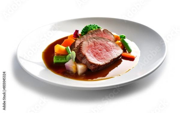 Obraz ローストビーフと彩り豊かな野菜の付け合せの皿　白背景の切り抜き