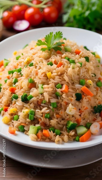 Fototapeta Fried rice is very tempting and looks delicious, complete with vegetables and meat, in vertical form