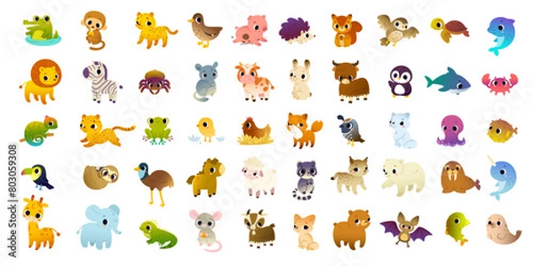 Fototapeta Cartoon animals set. Big vector collection of cute colorful animals. Bundle of funny baby animals.