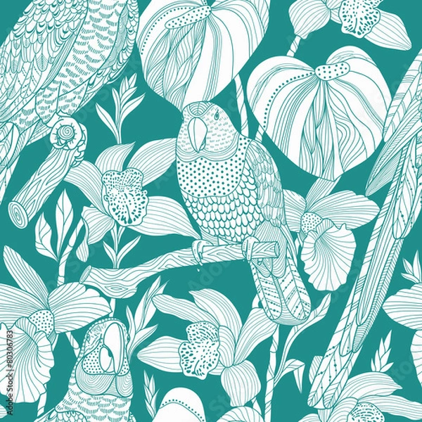 Obraz Parrots and tropical flowers. Vector seamless pattern